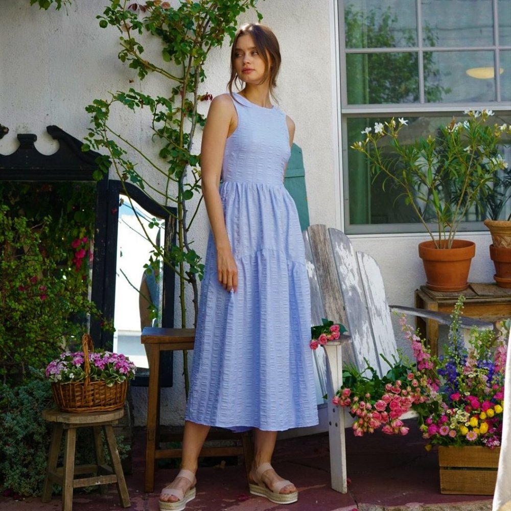 GEORGIA TIE BACK SLEEVELSS MIDI DRESS in Blue